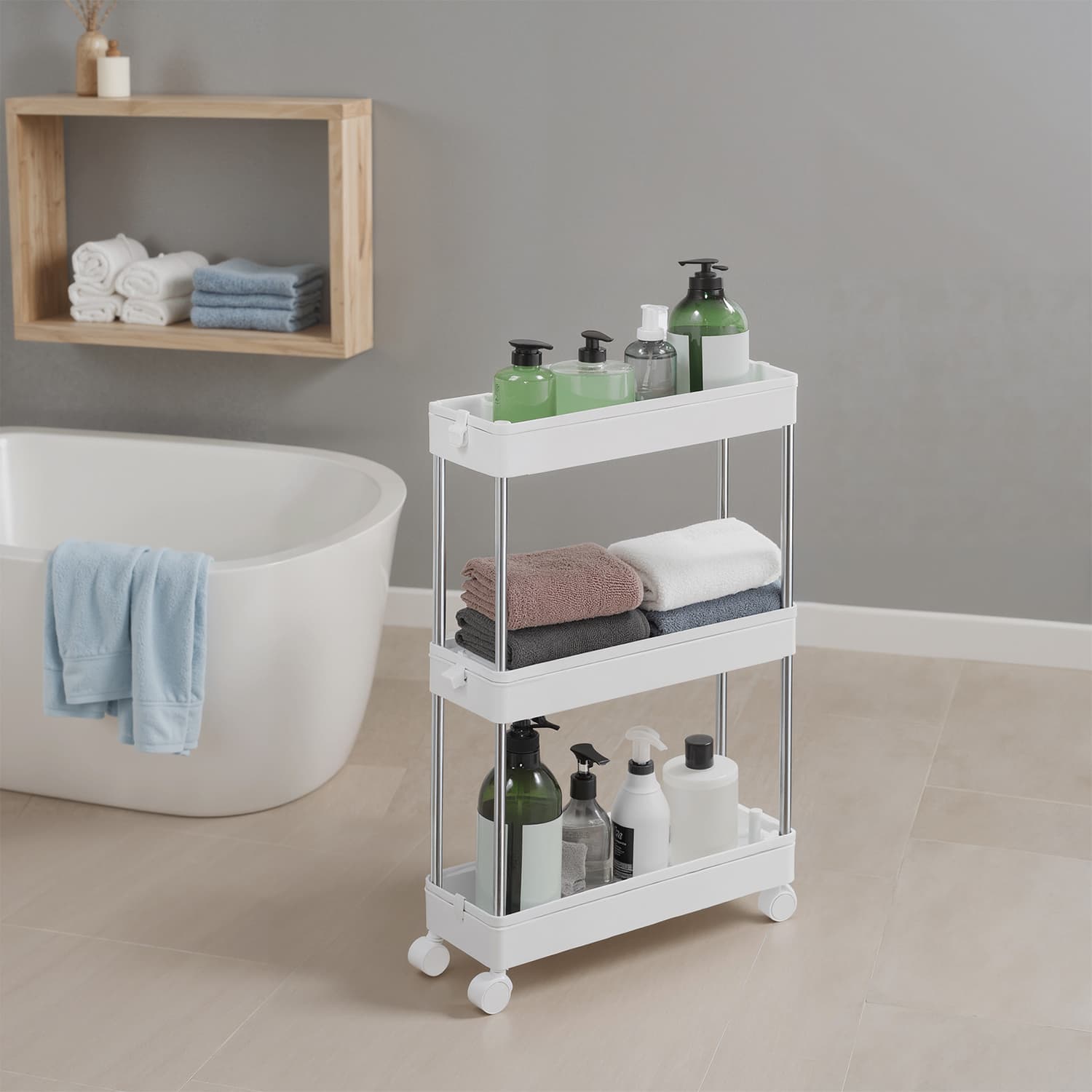 Extendable Kitchen Countertop Shelf – Metal – White – Slim Rolling Trolley with Wheels