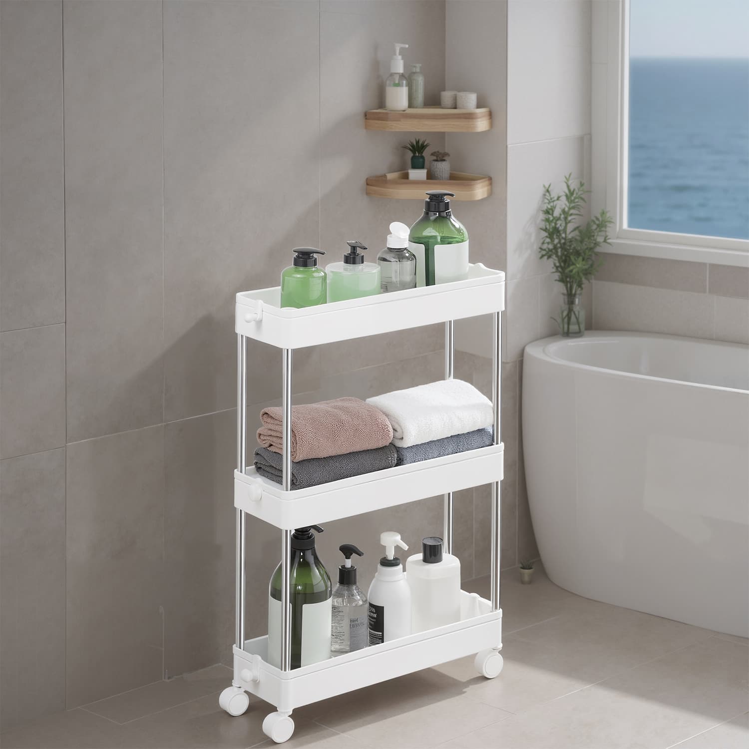Extendable Kitchen Countertop Shelf – Metal – White – Slim Rolling Trolley with Wheels