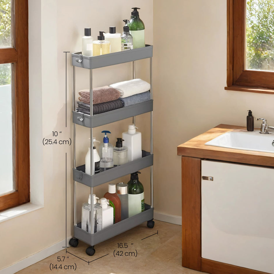 4-Tier Narrow Storage Trolley – Metal – Dove Grey – Space-Saving Design with Wheels