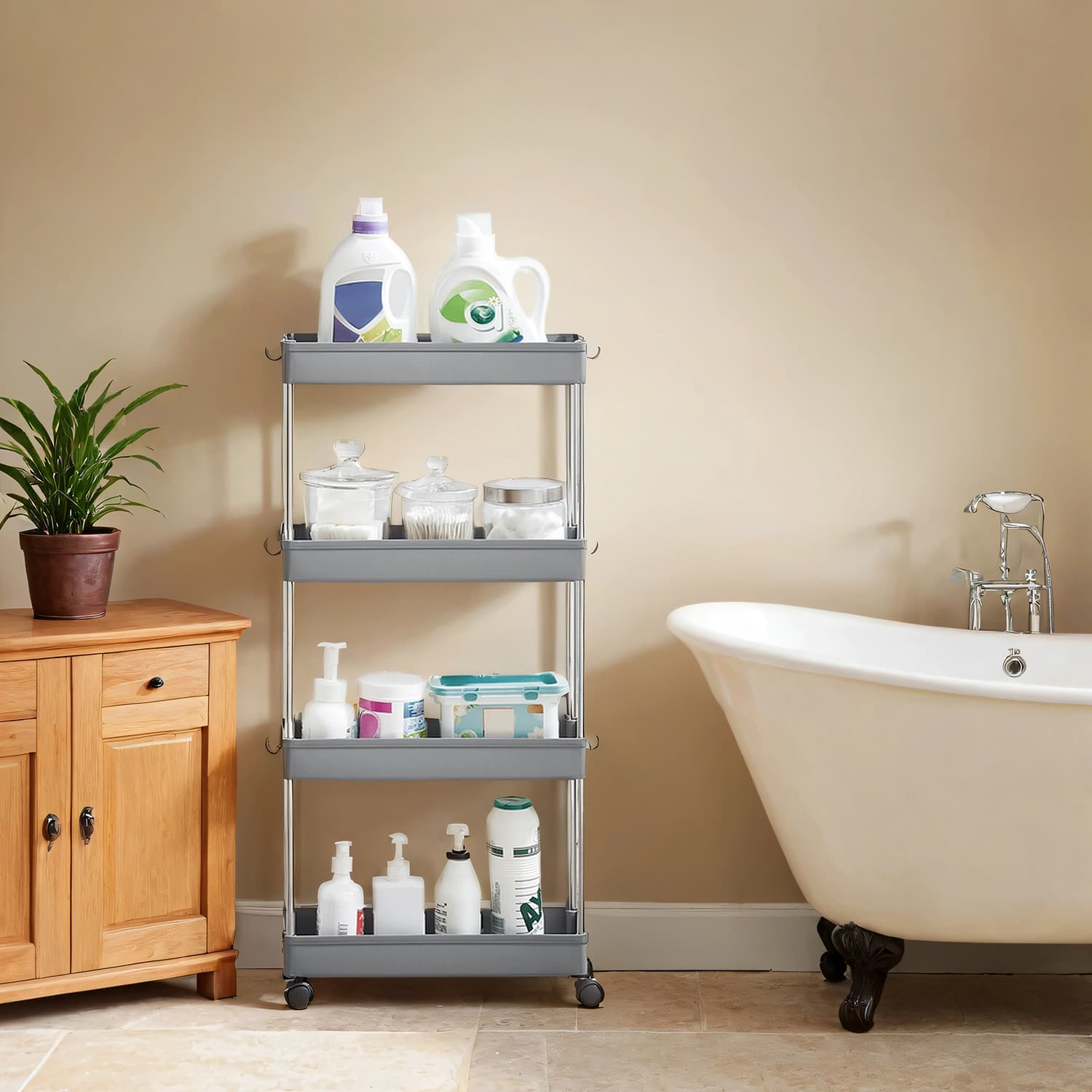 4-Tier Narrow Storage Trolley – Metal – Dove Grey – Space-Saving Design with Wheels
