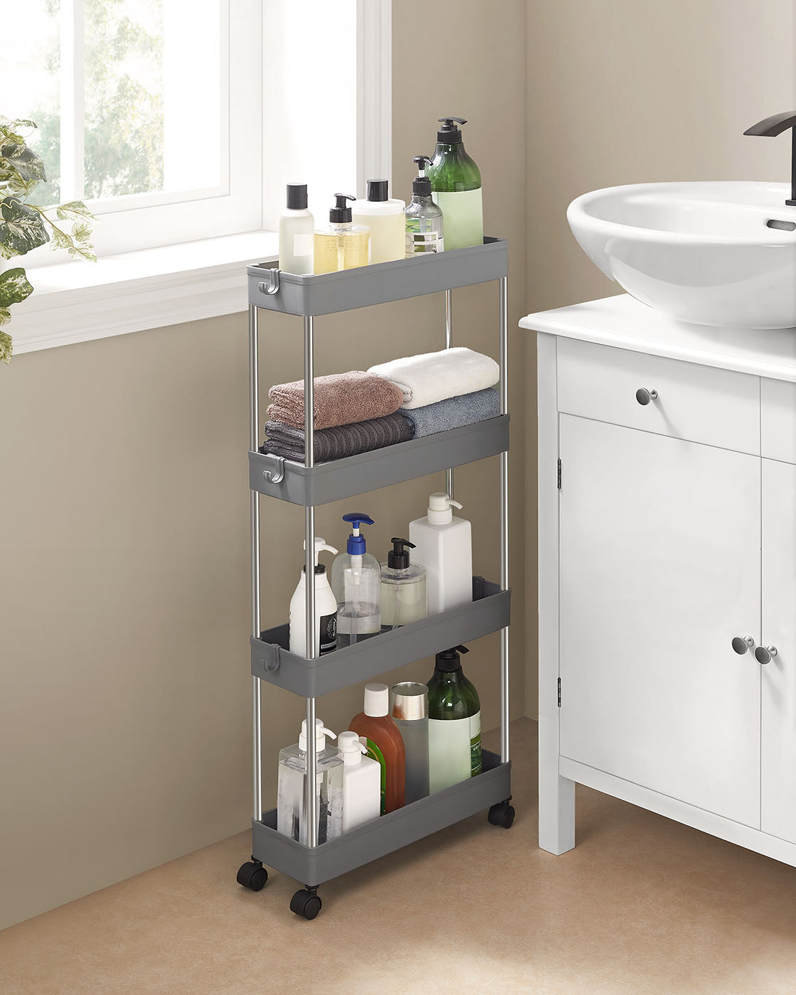 4-Tier Slim Rolling Cart – Plastic – Grey – Space-Saving Design