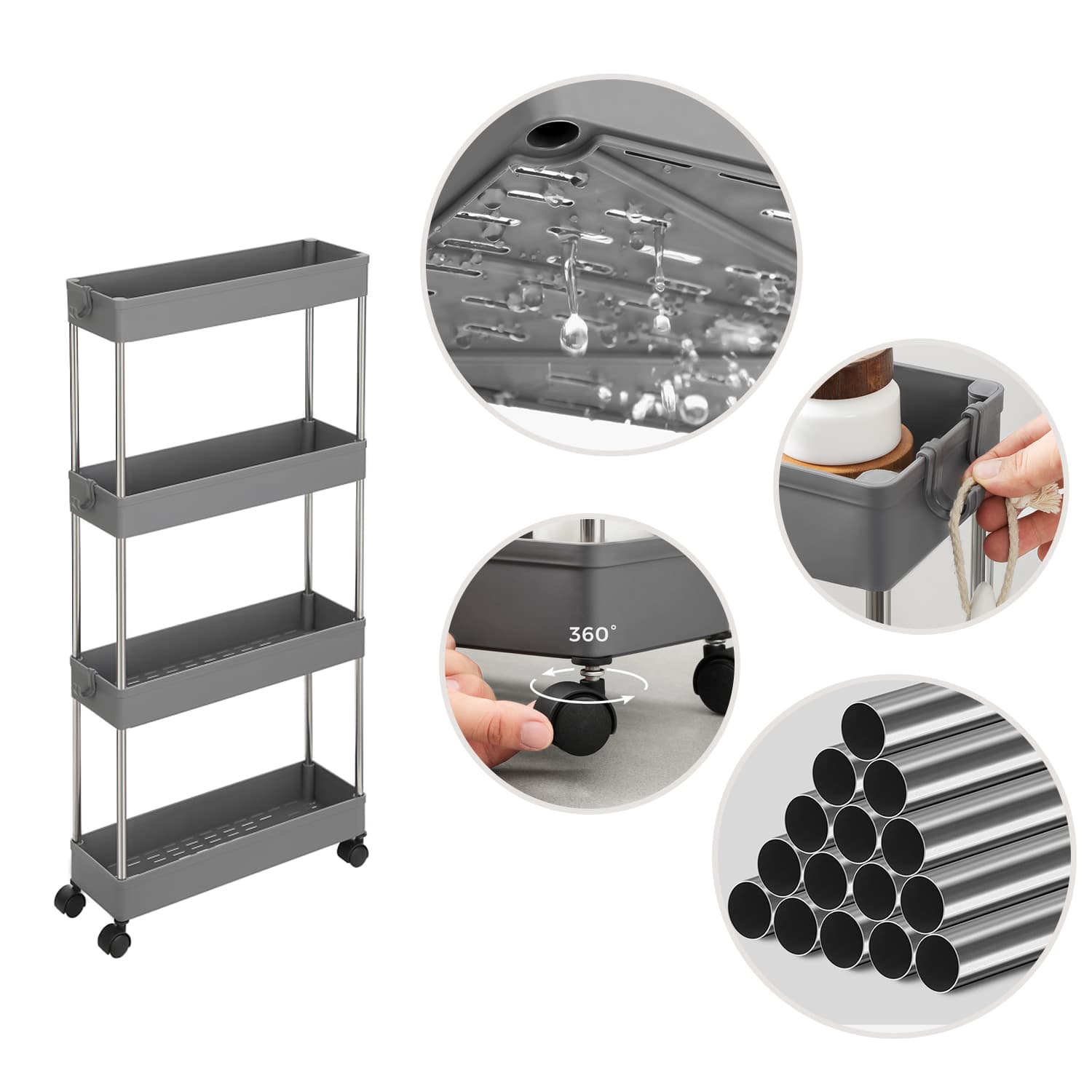4-Tier Narrow Storage Trolley – Metal – Dove Grey – Space-Saving Design with Wheels