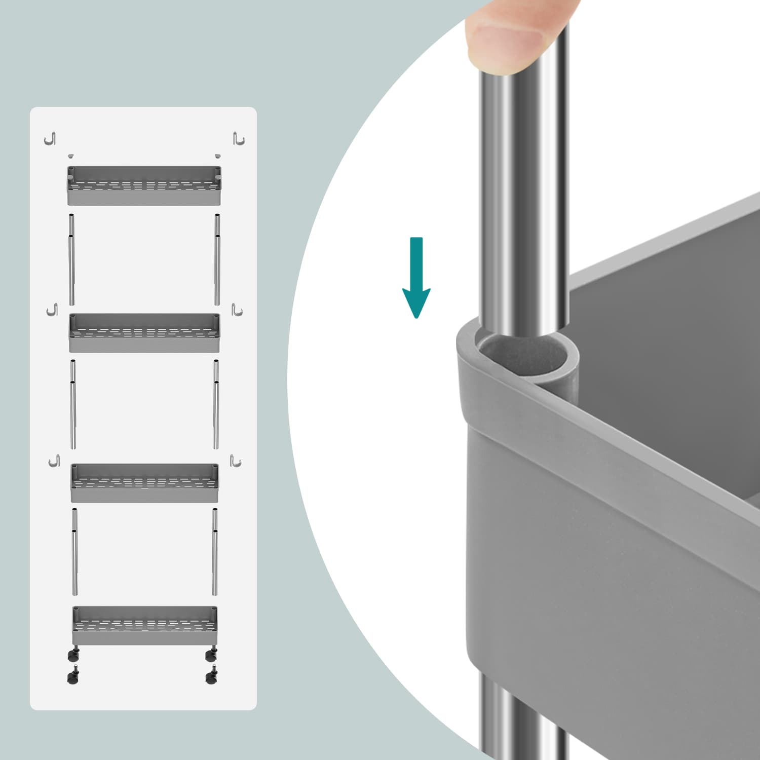 4-Tier Narrow Storage Trolley – Metal – Dove Grey – Space-Saving Design with Wheels