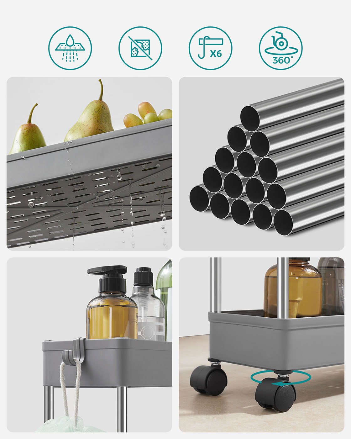 4-Tier Slim Rolling Cart – Plastic – Grey – Space-Saving Design