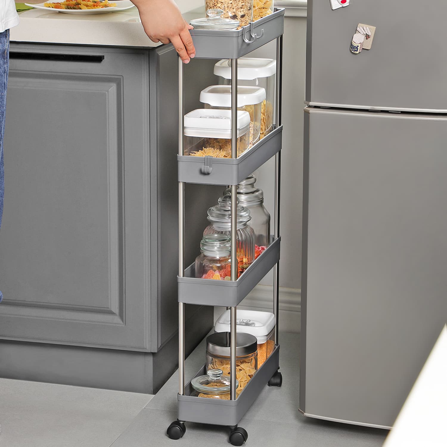 4-Tier Narrow Storage Trolley – Metal – Dove Grey – Space-Saving Design with Wheels