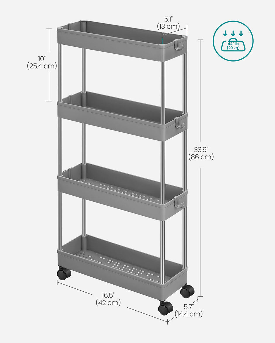 4-Tier Slim Rolling Cart – Plastic – Grey – Space-Saving Design