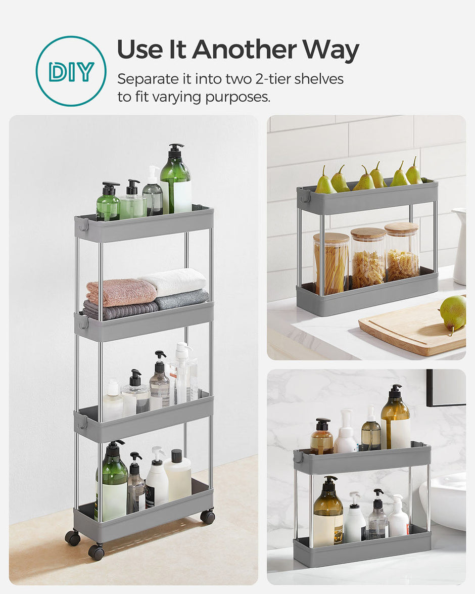 4-Tier Slim Rolling Cart – Plastic – Grey – Space-Saving Design