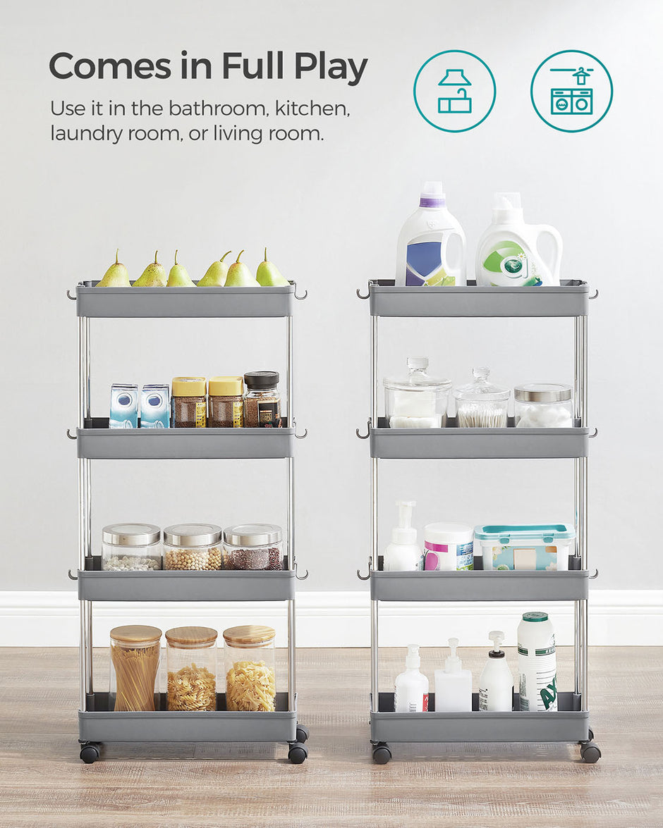 4-Tier Slim Rolling Cart – Plastic – Grey – Space-Saving Design