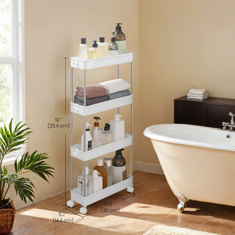 4-Tier Rolling Trolley – Metal – Black – Space-Saving Design with Wheels for Kitchen, Living Room, and Bathroom