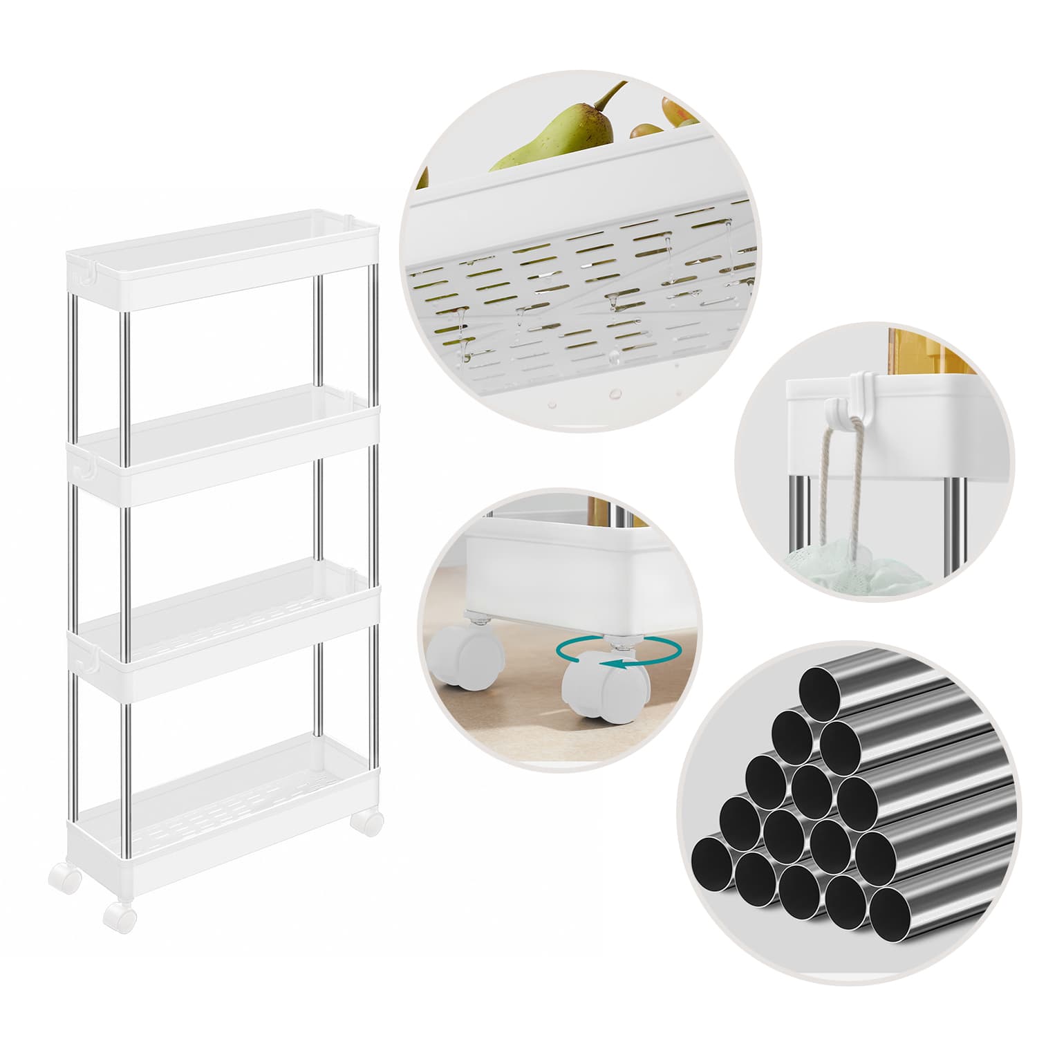 4-Tier Rolling Trolley – Metal – Black – Space-Saving Design with Wheels for Kitchen, Living Room, and Bathroom