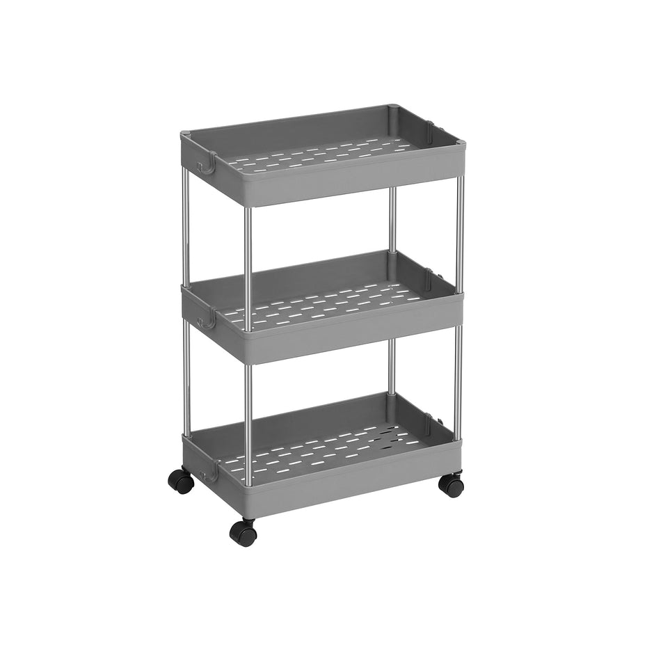 3-Tier Storage Trolley – Plastic – Grey – Rolling Wheels with Hooks