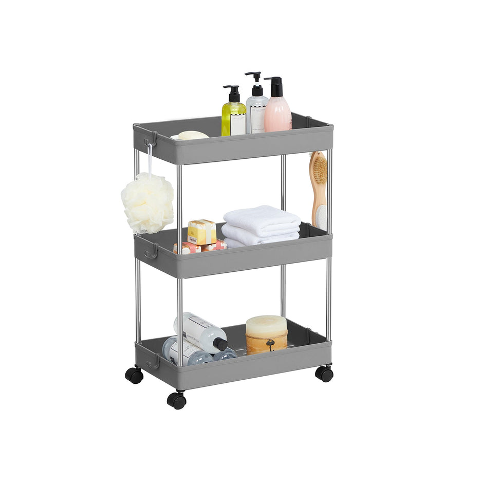 3-Tier Storage Trolley – Plastic – Grey – Rolling Wheels with Hooks