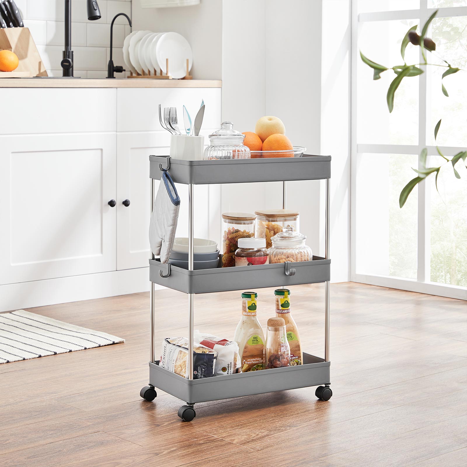 3-Tier Storage Trolley – Plastic – Grey – Rolling Wheels with Hooks