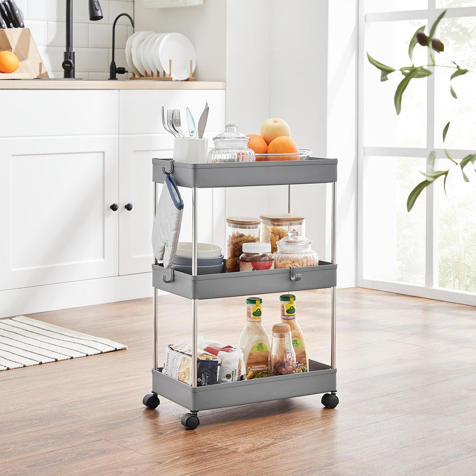 3-Tier Storage Trolley – Plastic – Grey – Rolling Wheels with Hooks