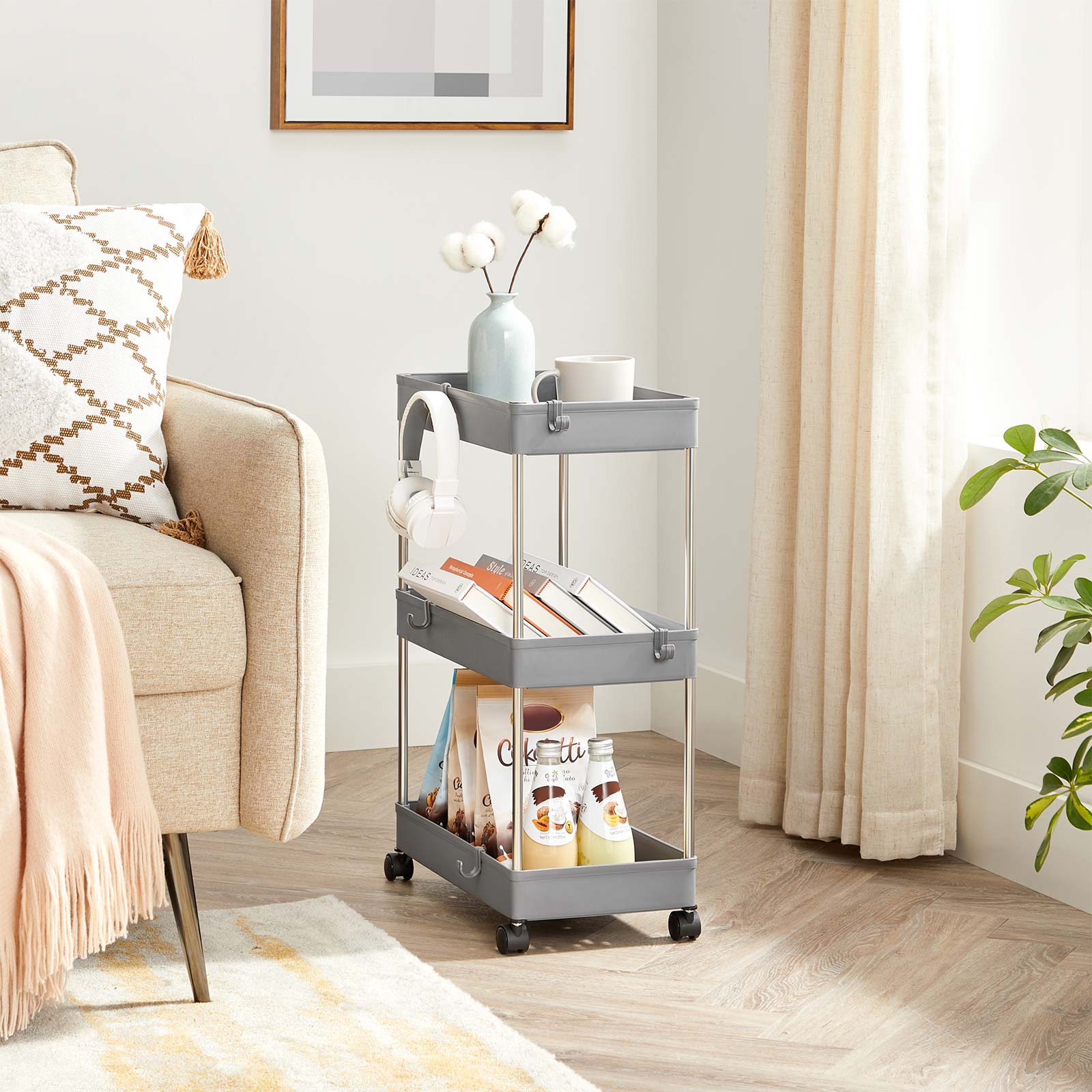3-Tier Storage Trolley – Plastic – Grey – Rolling Wheels with Hooks