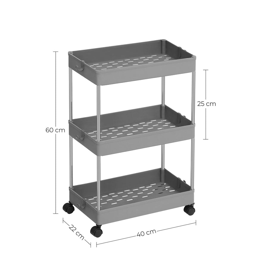 3-Tier Storage Trolley – Plastic – Grey – Rolling Wheels with Hooks