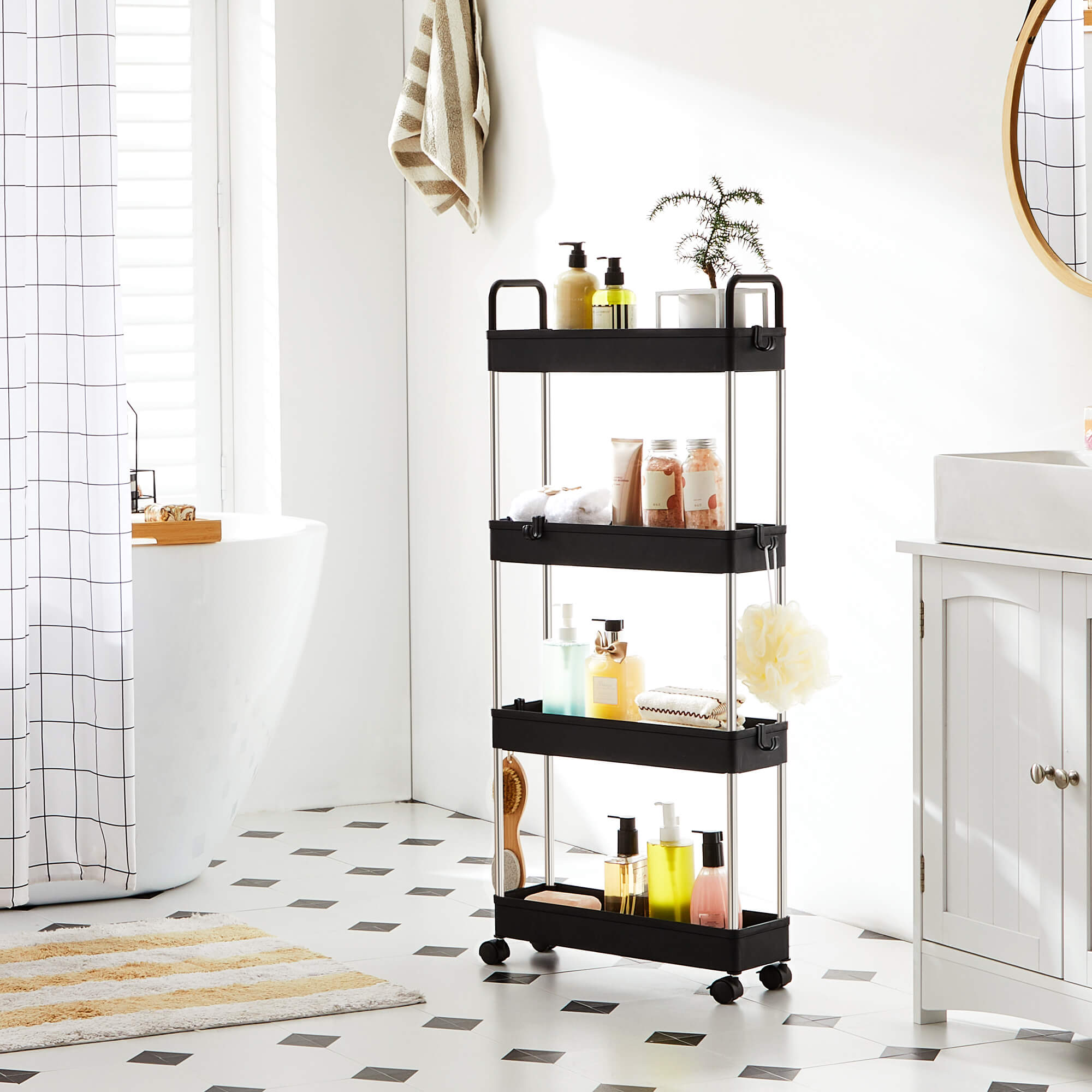 Narrow Storage Cart – Metal – Black – 4-Tier with Handles and Wheels
