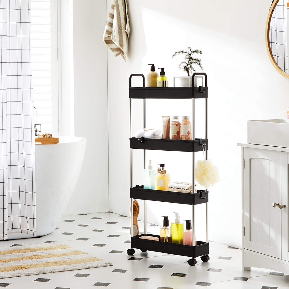 Narrow Storage Cart – Metal – Black – 4-Tier with Handles and Wheels