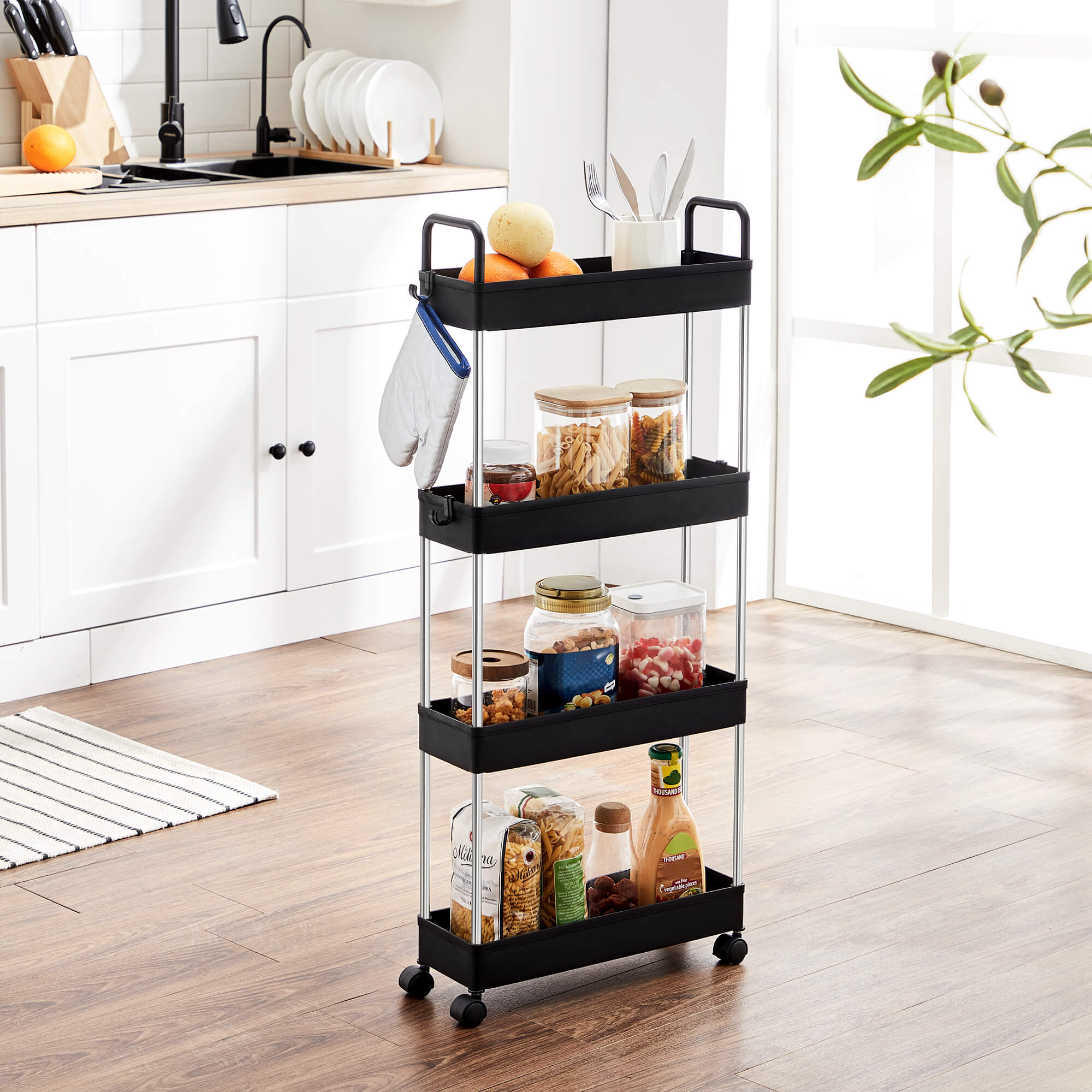Narrow Storage Cart – Metal – Black – 4-Tier with Handles and Wheels