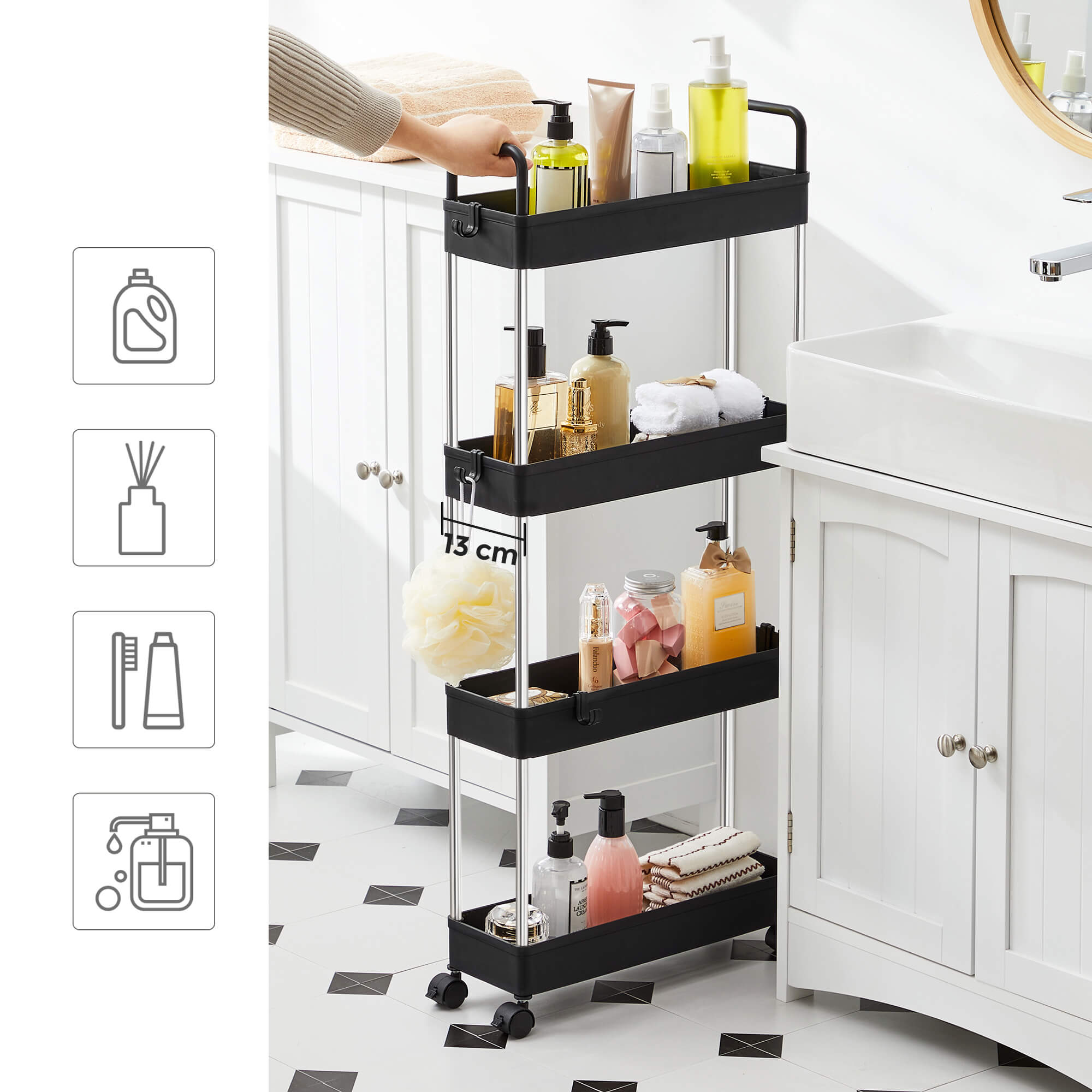 Narrow Storage Cart – Metal – Black – 4-Tier with Handles and Wheels