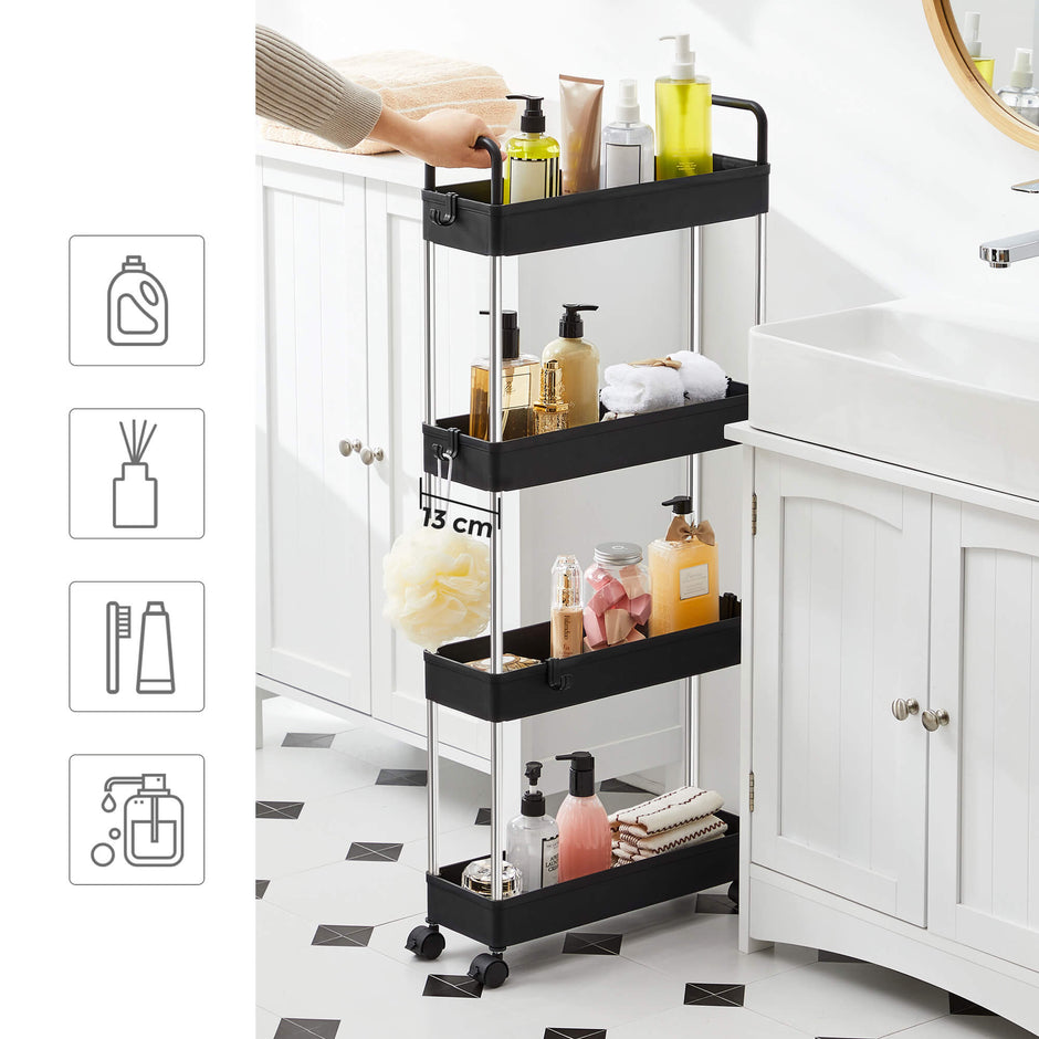Narrow Storage Cart – Metal – Black – 4-Tier with Handles and Wheels