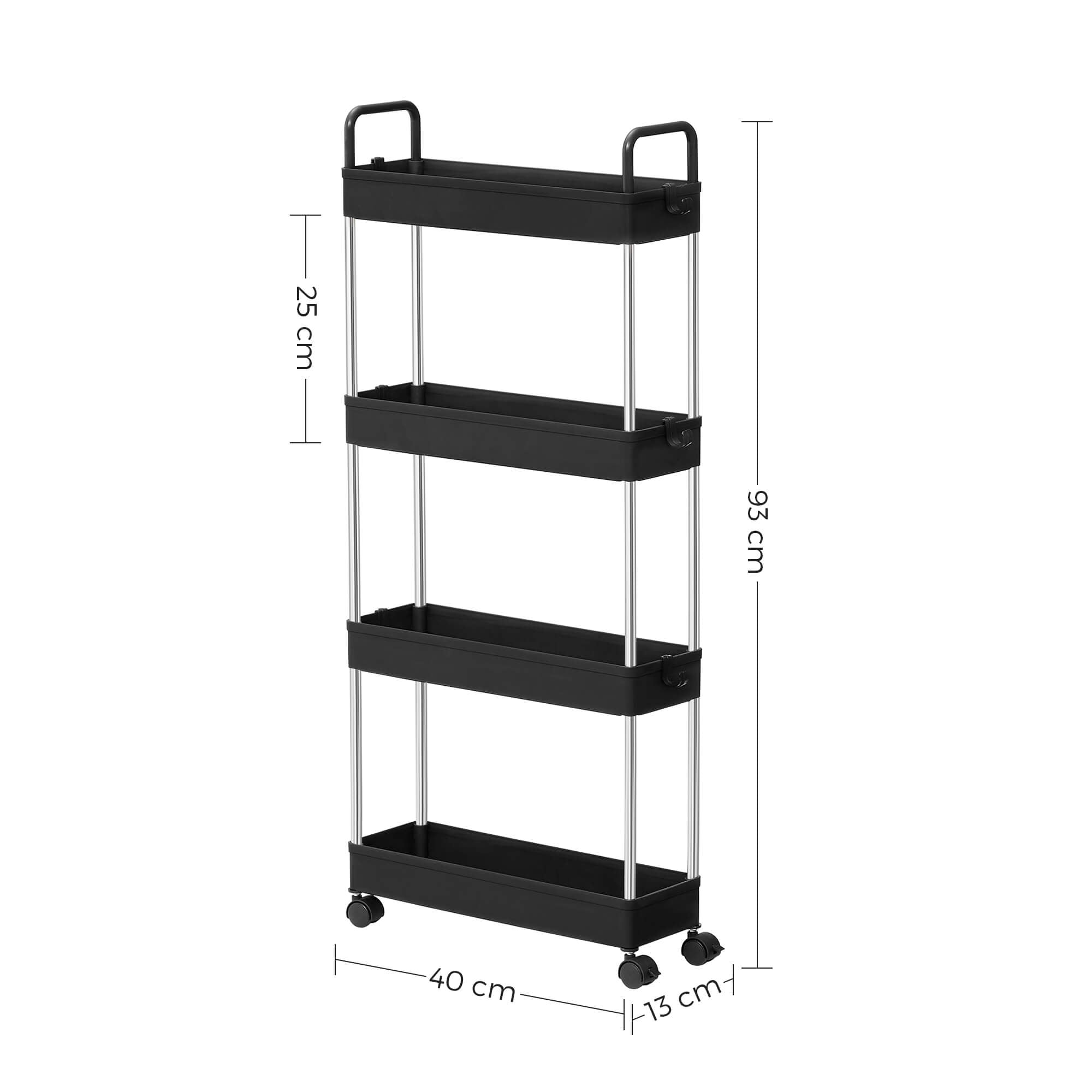 Narrow Storage Cart – Metal – Black – 4-Tier with Handles and Wheels