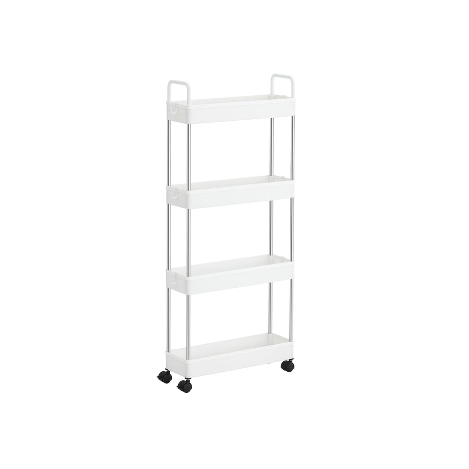 Narrow Storage Cart – Metal – White – 4-Tier with Wheels and Handles