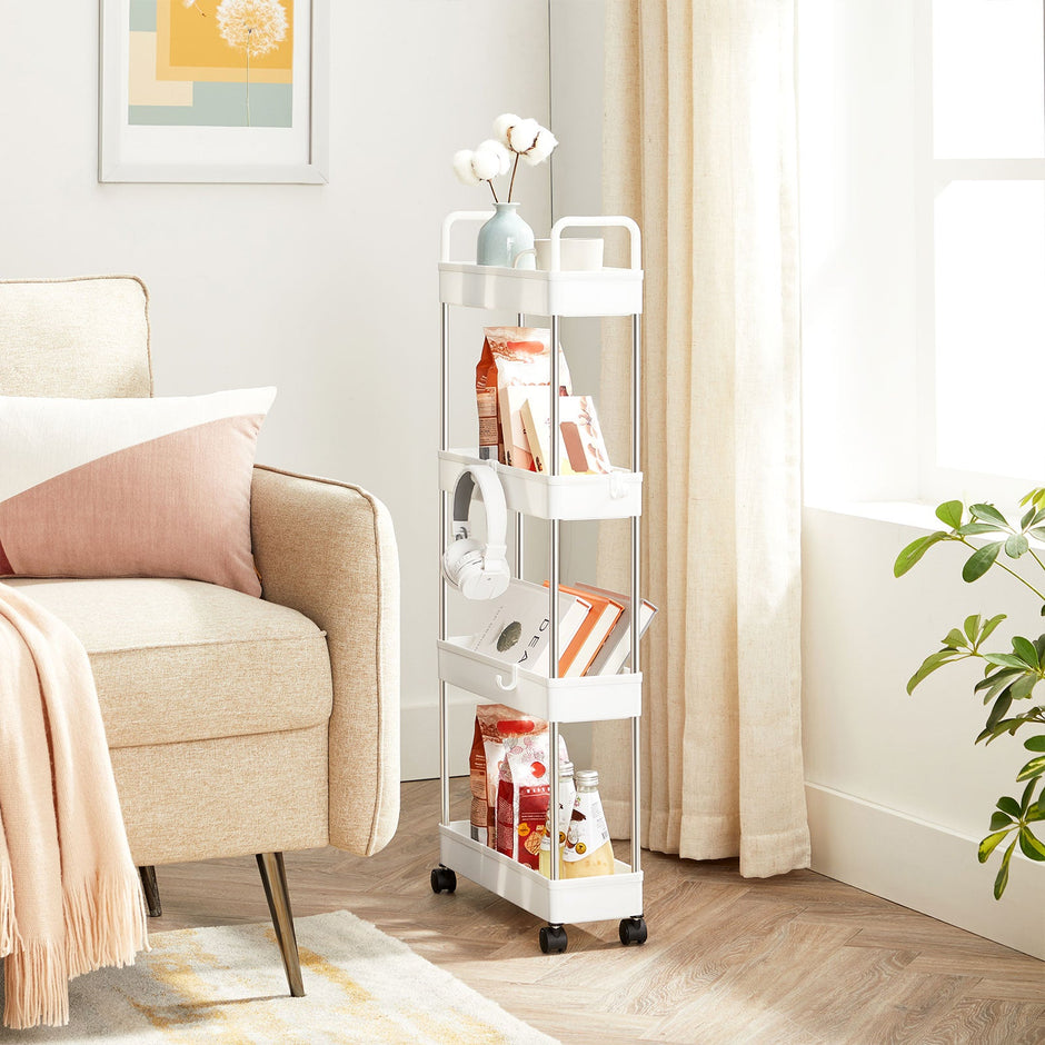 Narrow Storage Cart – Metal – White – 4-Tier with Wheels and Handles