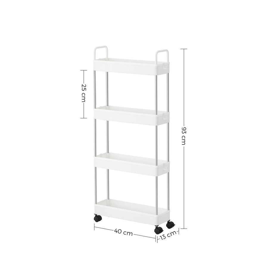 Narrow Storage Cart – Metal – White – 4-Tier with Wheels and Handles