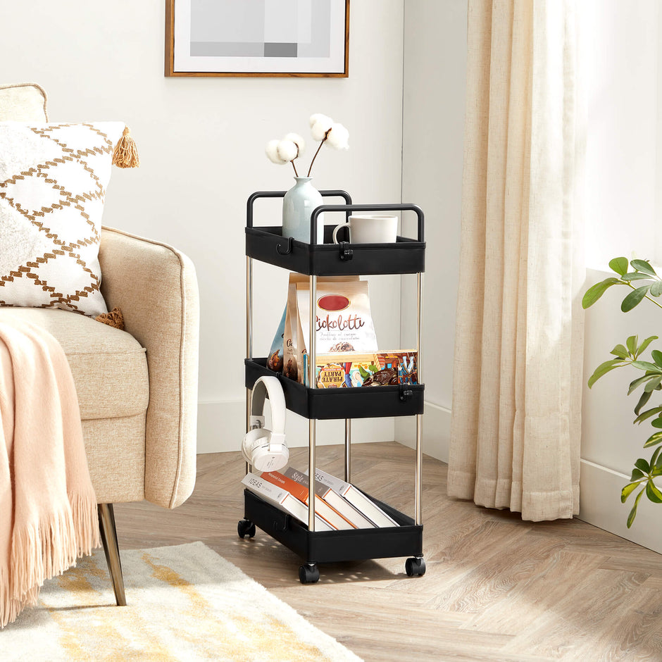 Storage Cart – Plastic – Black – 3-Tier with Wheels and Handles