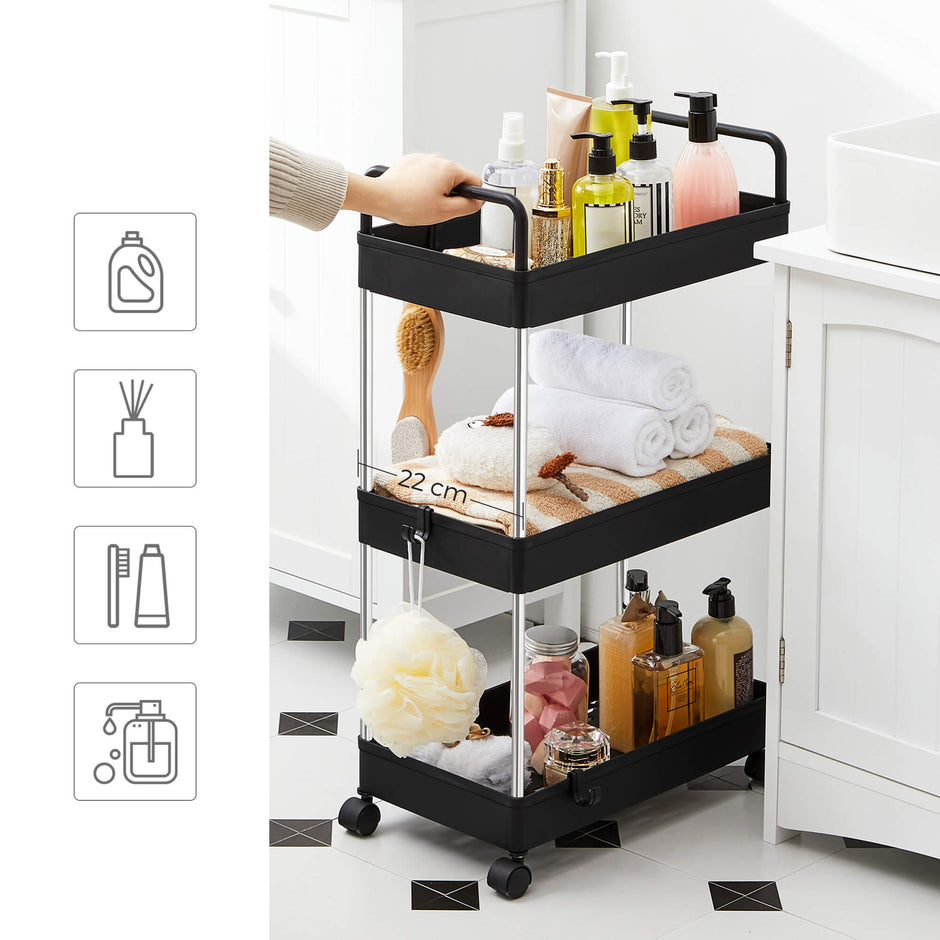 Storage Cart – Plastic – Black – 3-Tier with Wheels and Handles