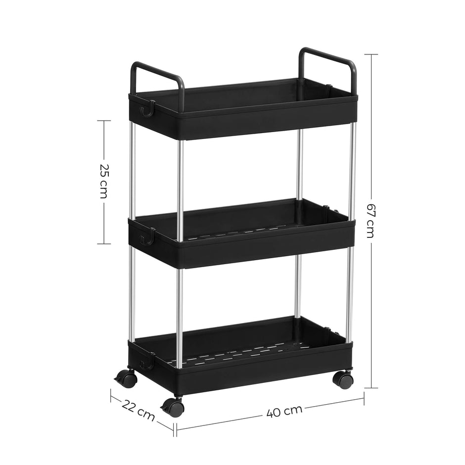 Storage Cart – Plastic – Black – 3-Tier with Wheels and Handles
