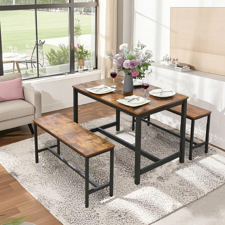 Set of 2 Dining Room Benches – Metal – Rustic Brown and Black – Sturdy Frame for Kitchen and Living Room