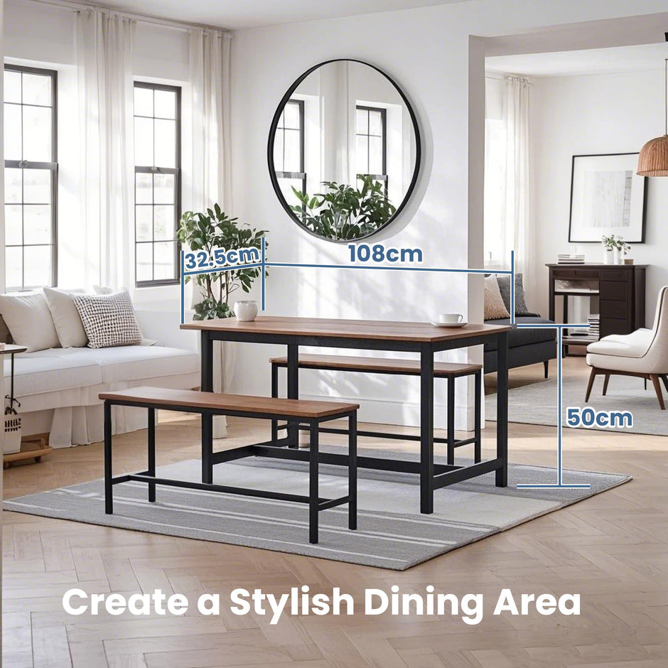 Set of 2 Dining Room Benches – Metal – Rustic Brown and Black – Sturdy Frame for Kitchen and Living Room