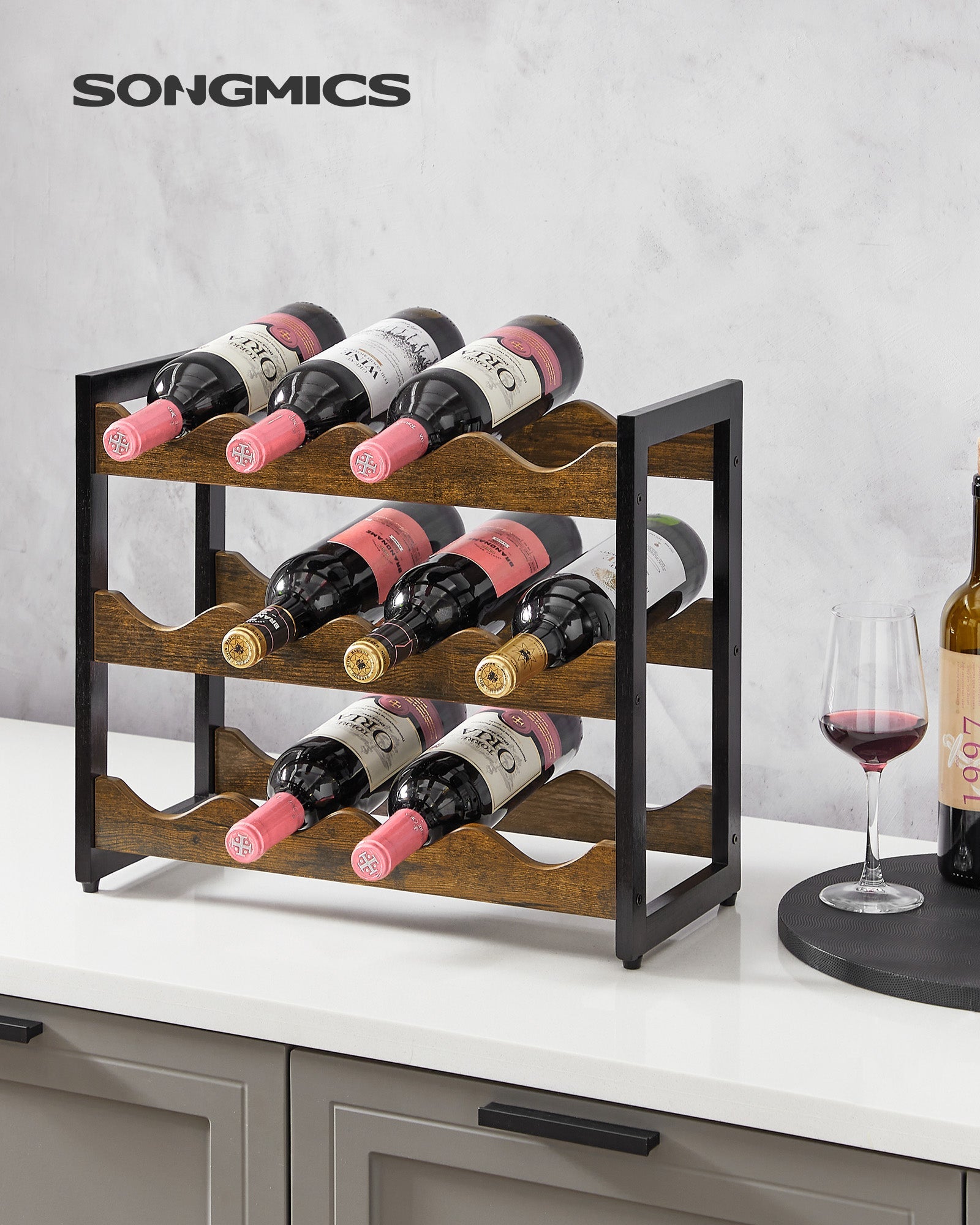 3-Tier Wine Storage Rack – Bamboo – Rustic Brown and Black – Holds 12 Bottles