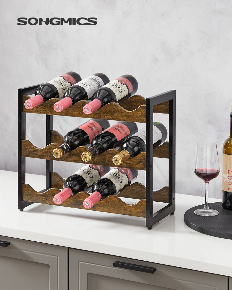 3-Tier Wine Storage Rack – Bamboo – Rustic Brown and Black – Holds 12 Bottles