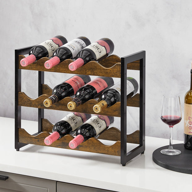 3-Tier Wine Storage Rack – Bamboo – Rustic Brown and Black – Holds 12 Bottles