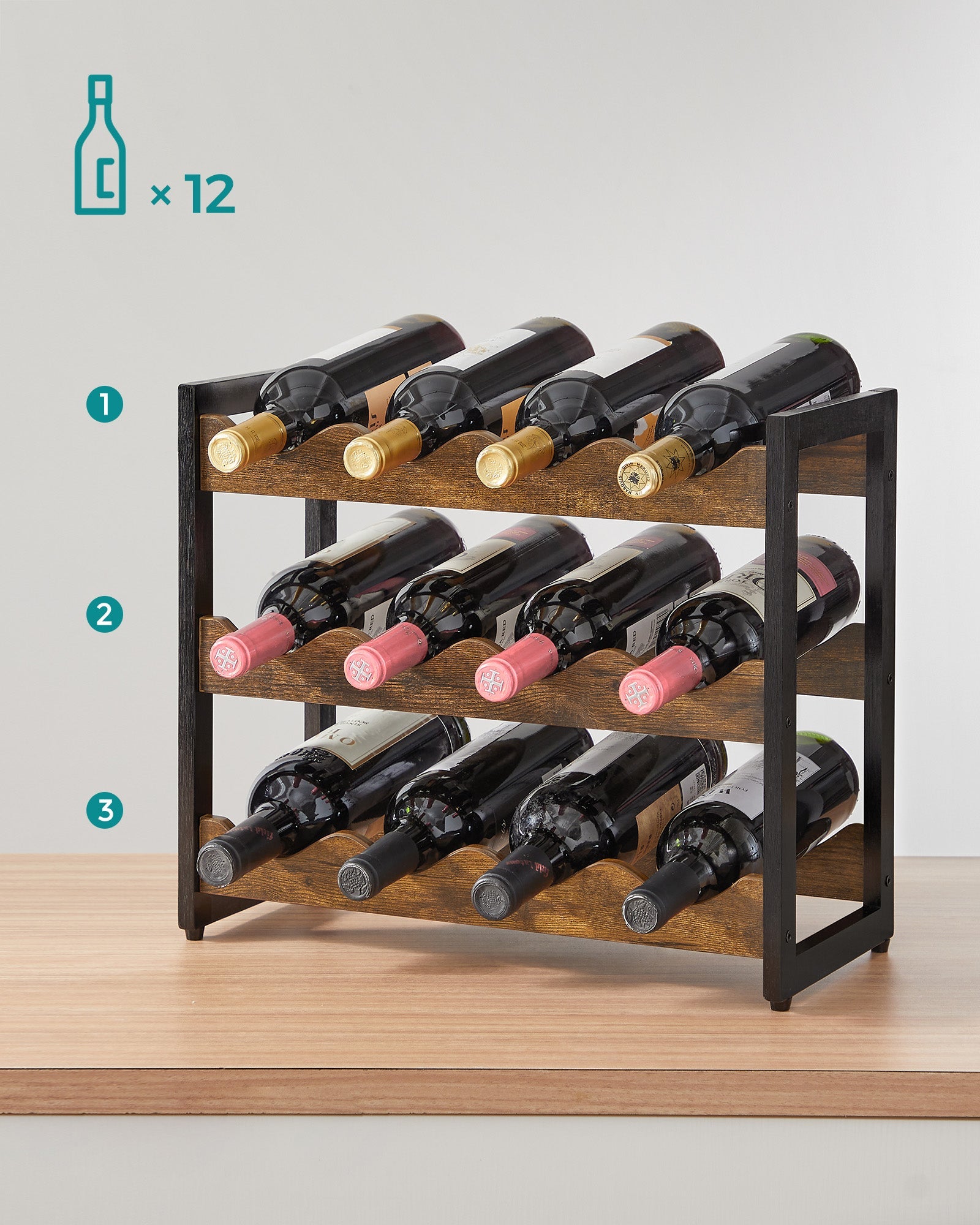3-Tier Wine Storage Rack – Bamboo – Rustic Brown and Black – Holds 12 Bottles