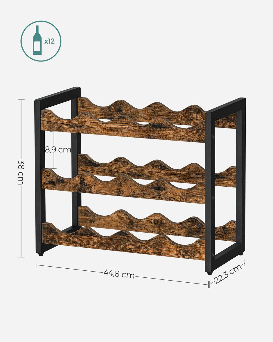 3-Tier Wine Storage Rack – Bamboo – Rustic Brown and Black – Holds 12 Bottles