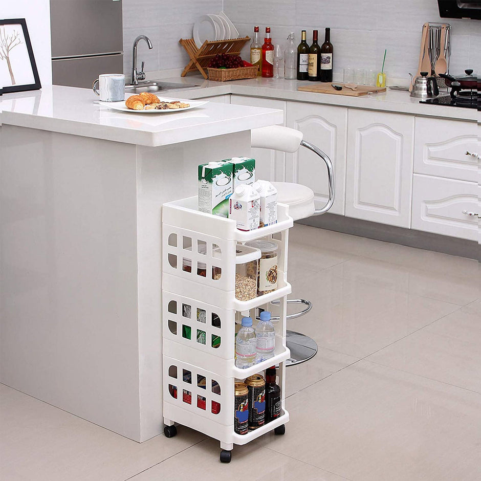 Rolling Kitchen Trolley – Plastic – White – 4 Tier with Casters for Utility and Organization