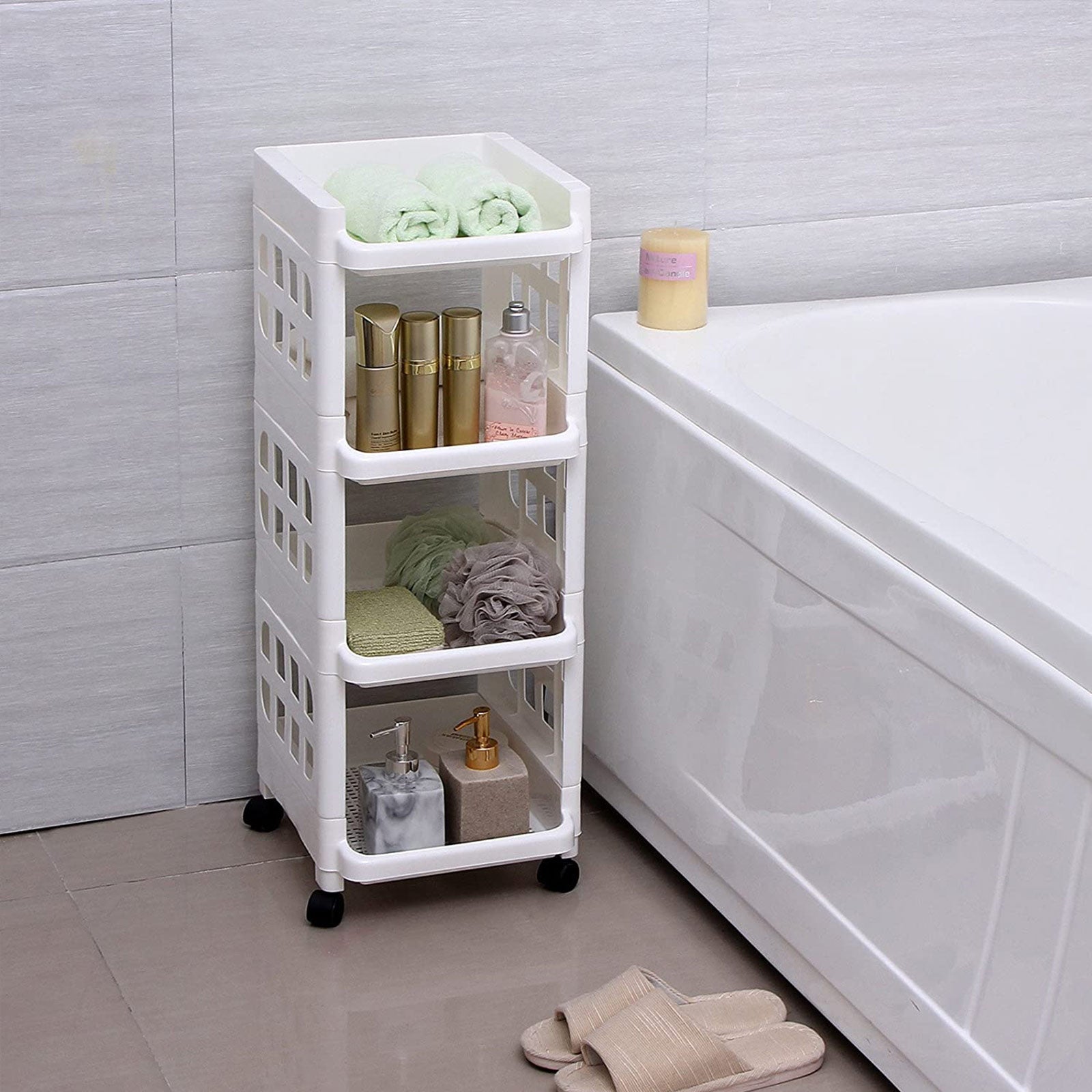 Rolling Kitchen Trolley – Plastic – White – 4 Tier with Casters for Utility and Organization