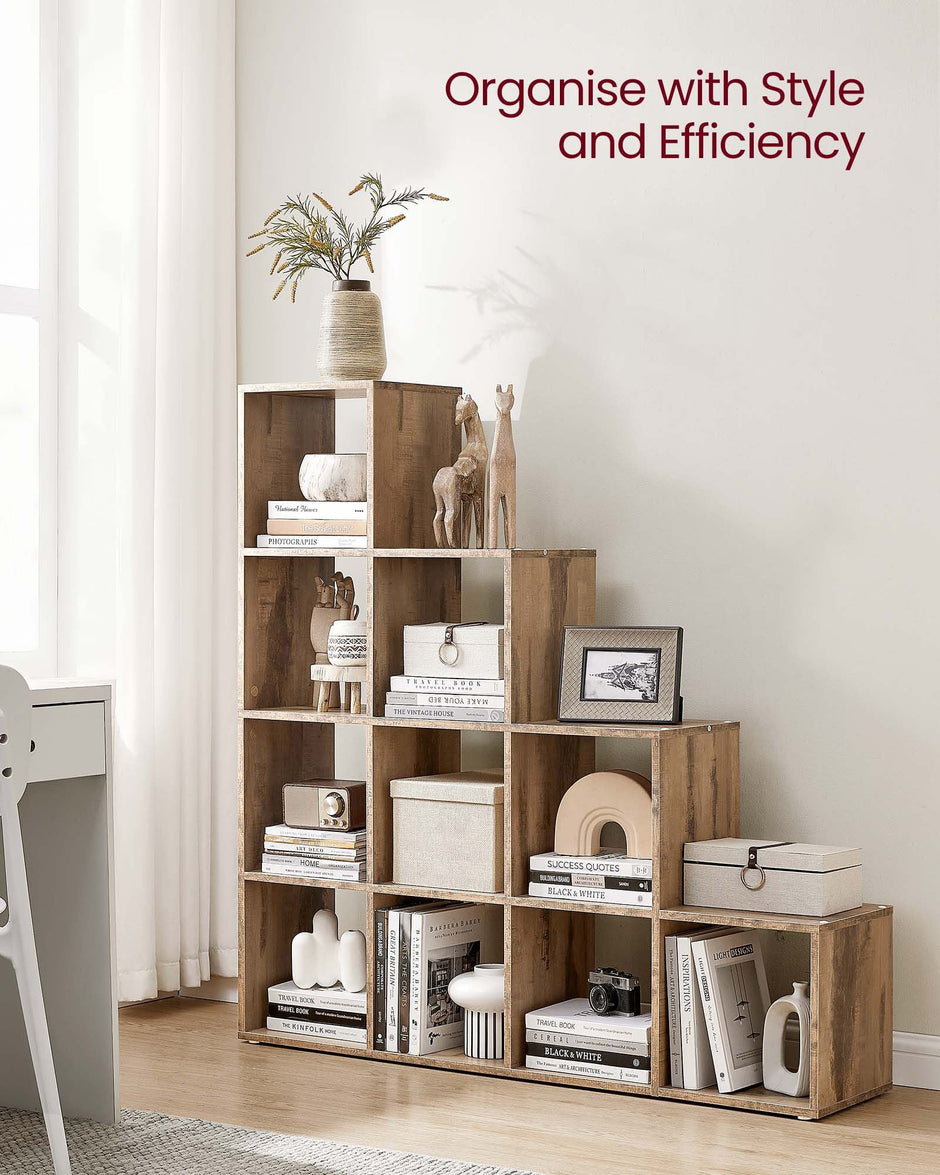 10-Cube Bookcase – Wood – Camel Brown – Open Compartments for Versatile Storage and Display