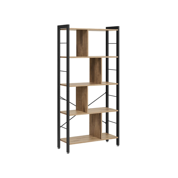 5-Tier Standing Bookshelf – Steel – Camel Brown and Ink Black – Industrial Style, Large Storage Solution