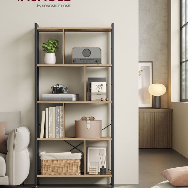 5-Tier Standing Bookshelf – Steel – Camel Brown and Ink Black – Industrial Style, Large Storage Solution