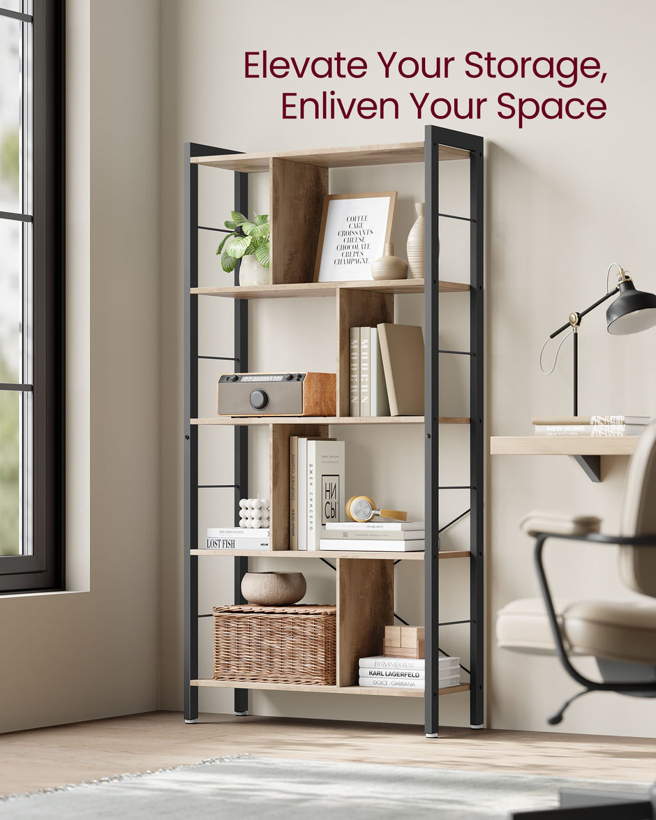 5-Tier Standing Bookshelf – Steel – Camel Brown and Ink Black – Industrial Style, Large Storage Solution