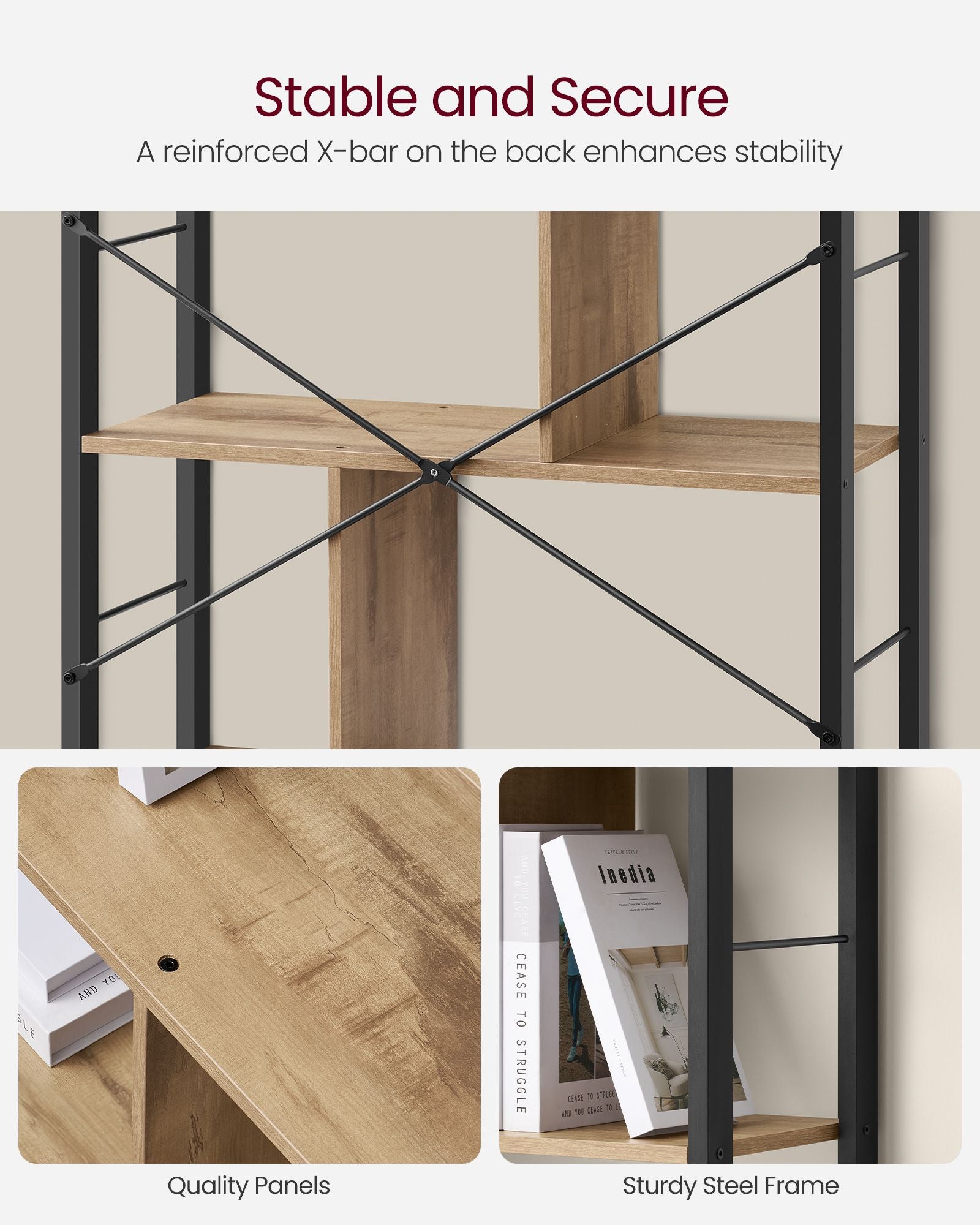 5-Tier Standing Bookshelf – Steel – Camel Brown and Ink Black – Industrial Style, Large Storage Solution