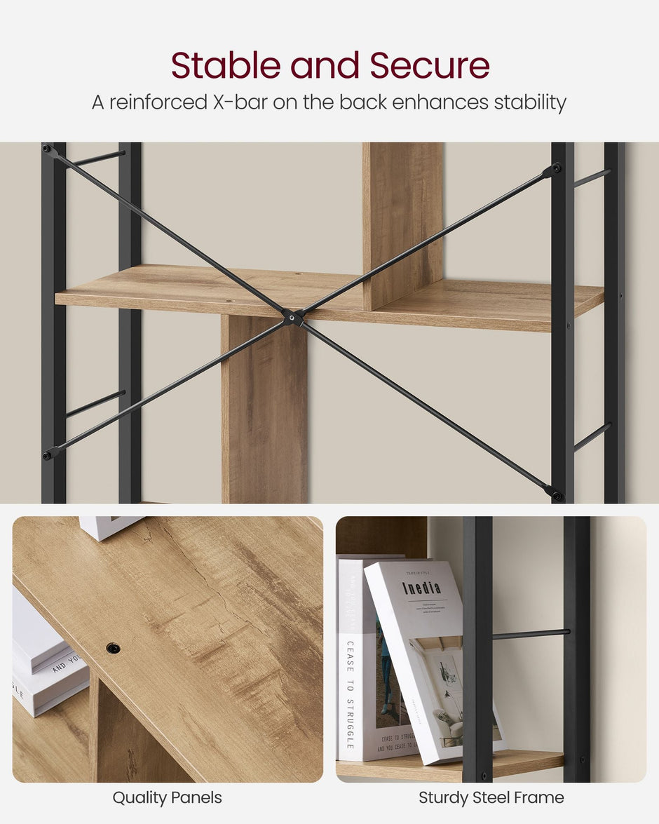 5-Tier Standing Bookshelf – Steel – Camel Brown and Ink Black – Industrial Style, Large Storage Solution