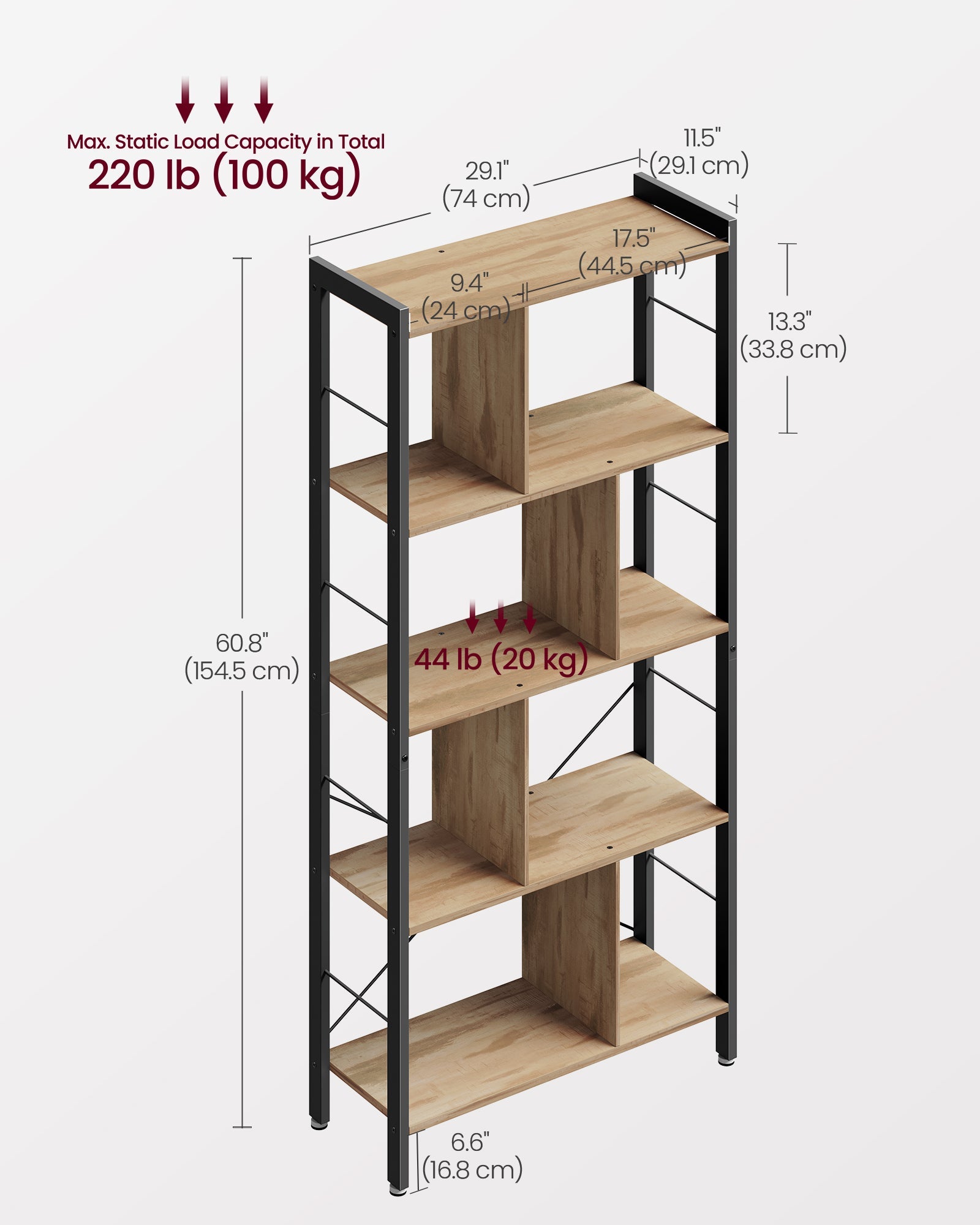 5-Tier Standing Bookshelf – Steel – Camel Brown and Ink Black – Industrial Style, Large Storage Solution