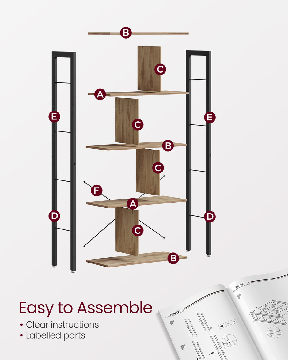 5-Tier Standing Bookshelf – Steel – Camel Brown and Ink Black – Industrial Style, Large Storage Solution