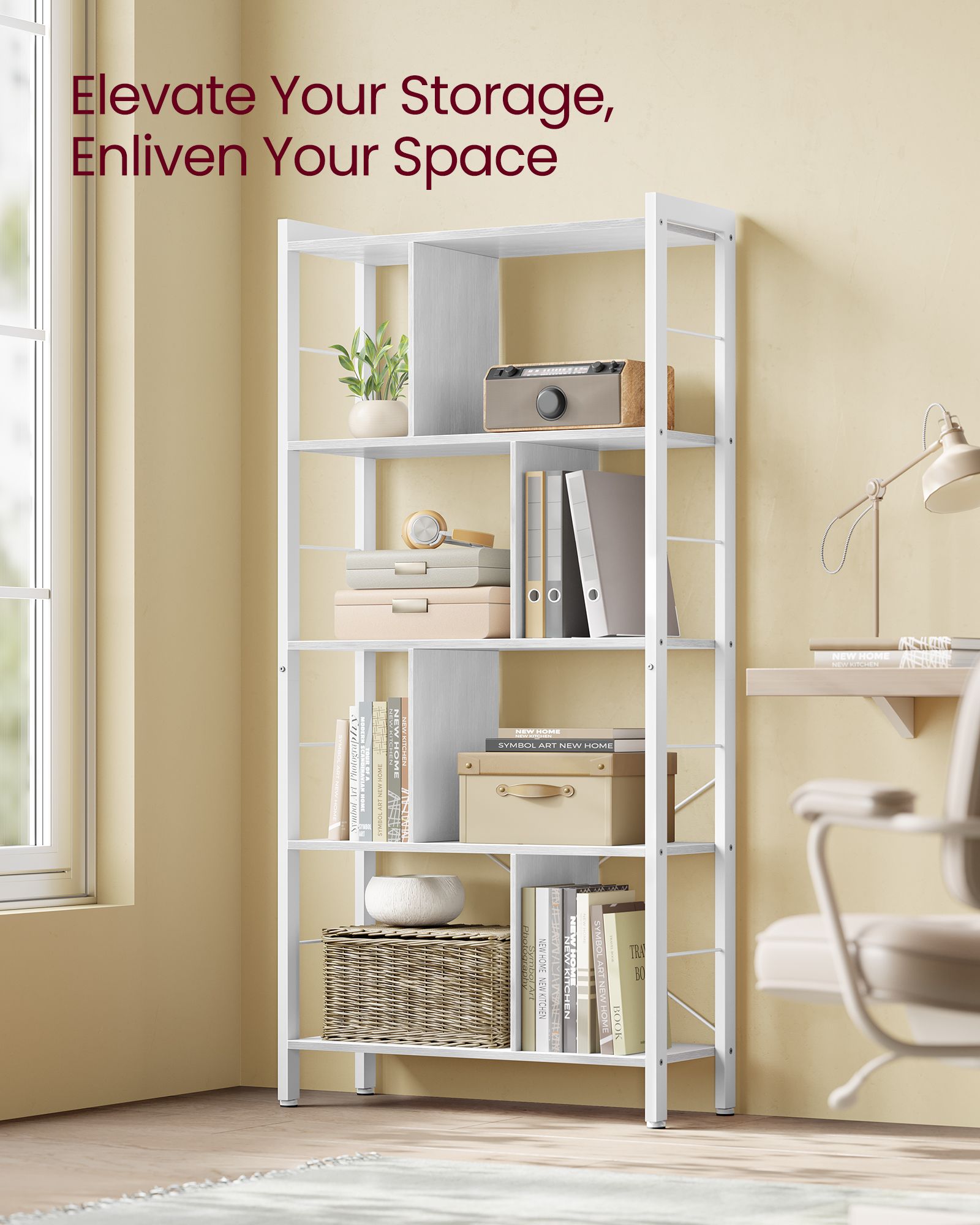5-Tier Standing Bookshelf – Steel – Maple White and Cloud White – Stable Structure